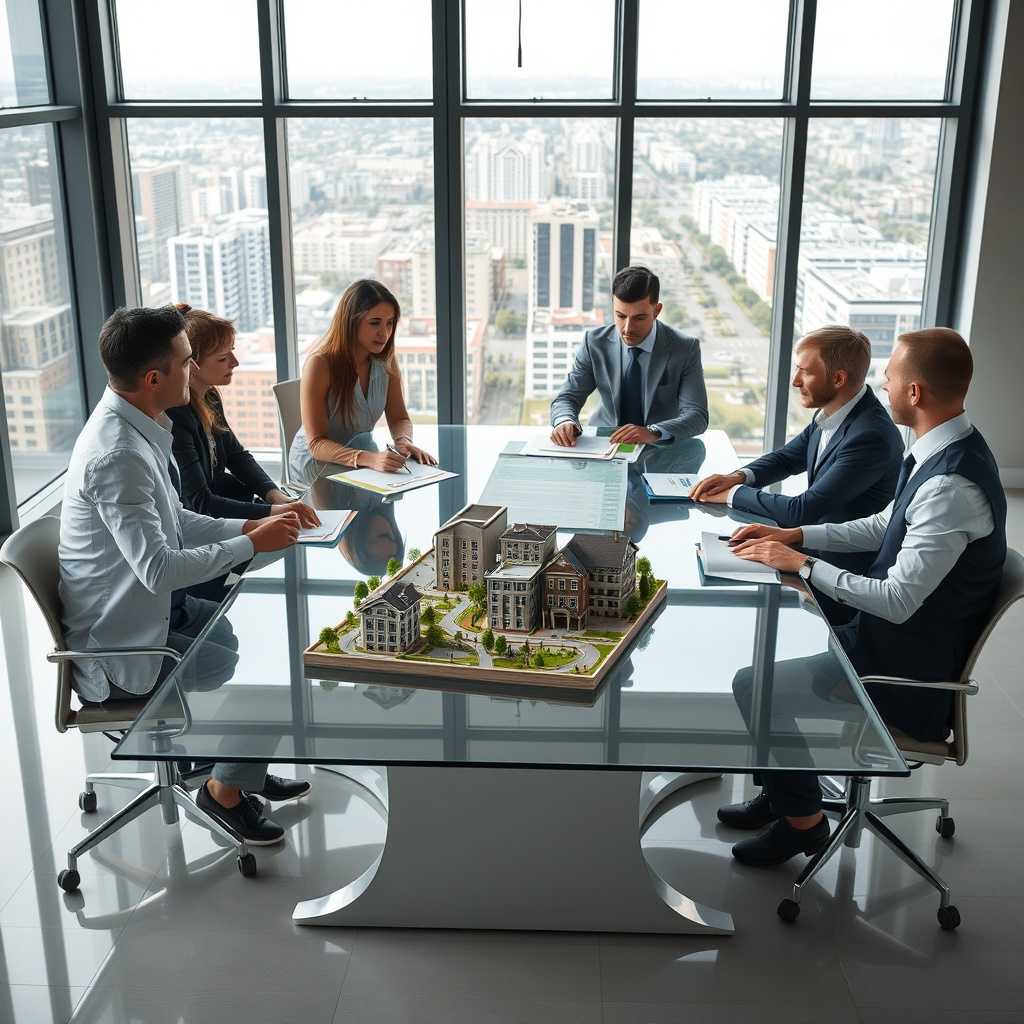 "An image showing a modern conference room with a large glass table. Around the table, diverse group professionals, likely architects and real estate experts, discuss a displayed document showing the latest FHA updates. In the center of the table, there is a 3D miniature model of a housing development incorporating sustainable practices. The professional atmosphere is enhanced by large windows in the background offering views onto a newly developed urban area, illustrating the theme of real estate recovery."