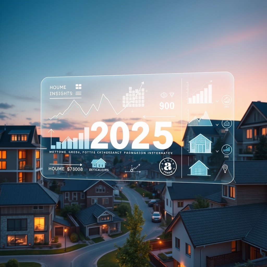 "A dynamic and sophisticated scene depicting a futuristic residential neighborhood with a diverse array of homes, from modern apartments to traditional houses, reflecting the growing trends in home financing. In the foreground, a transparent holographic interface shows various financial graphs and futuristic icons representing growth insights, mortgage rates, and financial instruments. The setting is set during twilight, enhancing the forward-thinking and innovative theme of the session. This high-quality, realistic image emphasizes progress and diversity in home financing for the year 2025."