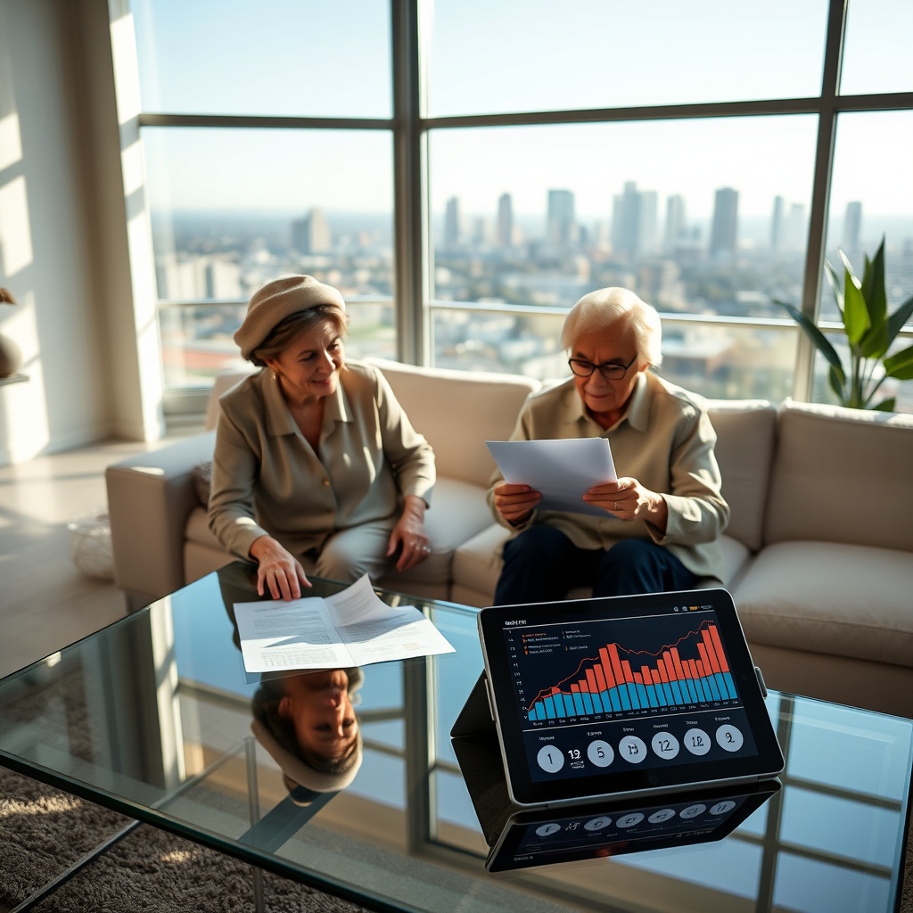 "A serene living room in a modern Los Angeles home, featuring an elegant older couple reviewing paperwork on a sleek, glass coffee table. The room has large windows showcasing a sunny LA skyline. On the table, beside the paperwork, there is a digital tablet showcasing a user-friendly application screen with graphs and icons related to reverse mortgage calculations and trends. The scene conveys a sense of smart financial planning and peace in later life, aimed to appeal directly to elderly homeowners considering innovative financial solutions."
