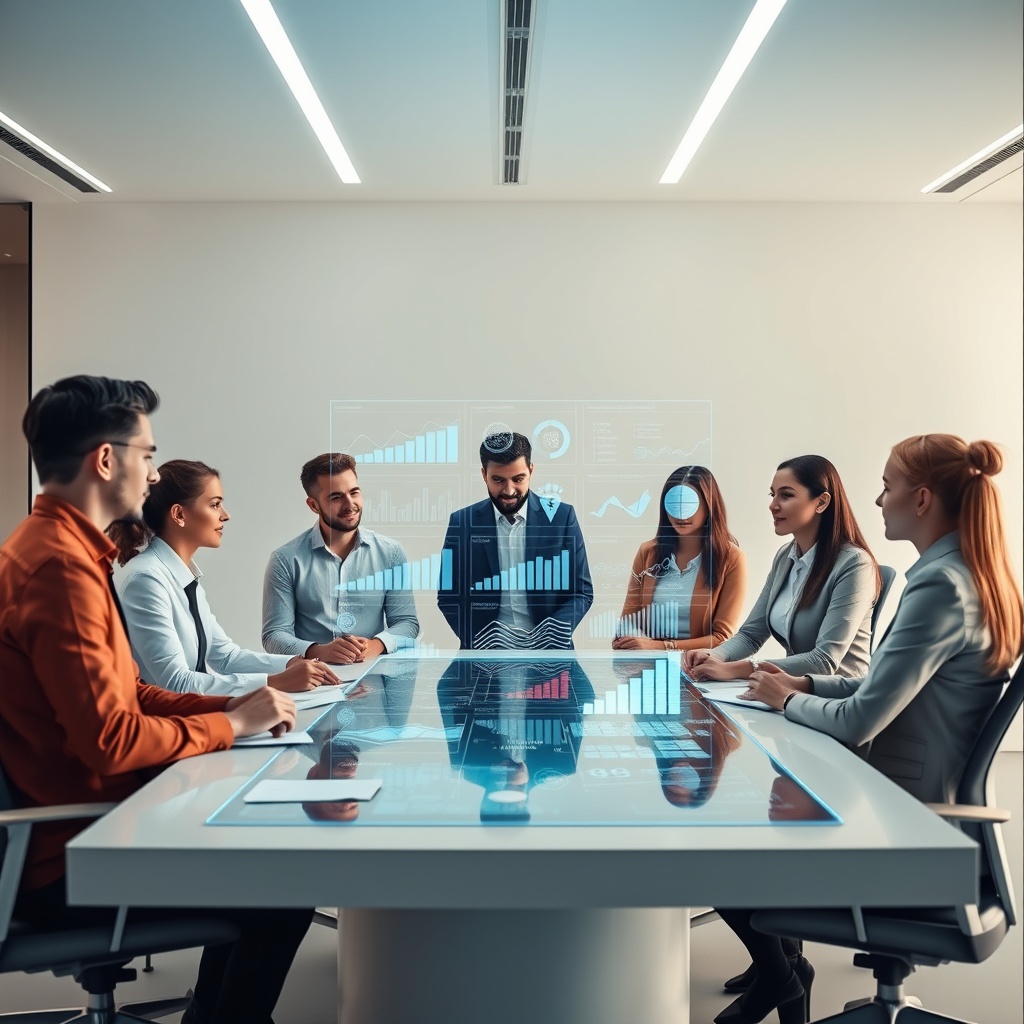 "A minimalist, sleek office environment with a futuristic aesthetic, showcasing a young, diverse group of professional loan originators engaged in a strategic planning session around a high-tech, holographic display. The display projects interactive graphs and analytics pertinent to loan market trends and borrower behavior. The setting reflects a blend of professionalism and cutting-edge technology, crafted to appeal to forward-thinking financial professionals."