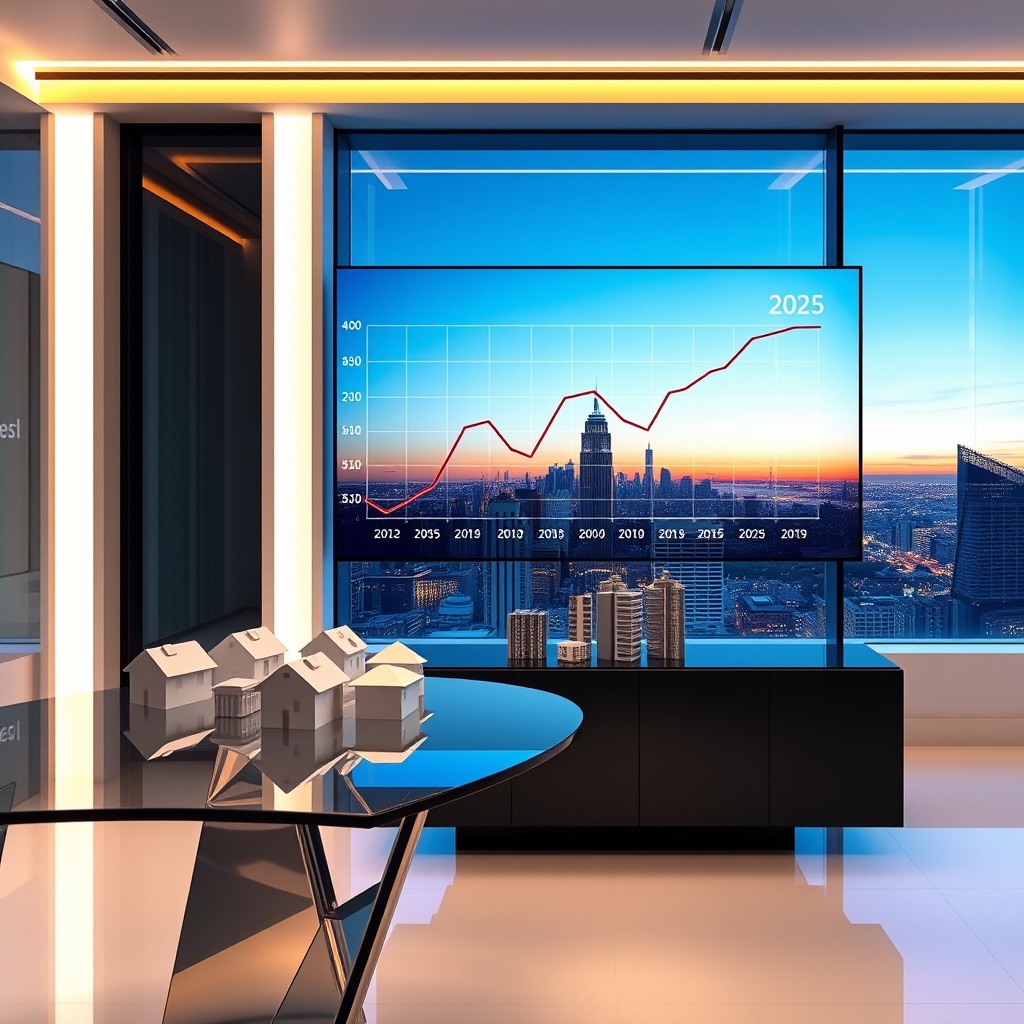 "A sleek, modern office environment featuring a large, high-resolution monitor displaying an interactive graph that shows the fluctuating mortgage rates over the years, leading up to 2025. The graph should include dips and peaks, specifically highlighting the future projections for 2025. Nearby, on a stylish glass desk, there are abstract models of houses and high-rise buildings, symbolizing real estate opportunities. The backdrop should have a panoramic view of a bustling city skyline during twilight, conveying a sense of growth and potential in the real estate market. The overall feel should be futuristic, clean, and professional, appealing to real estate investors and financial analysts."