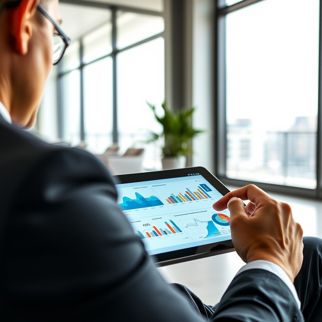 "A hands-on real estate professional analyzing dynamic graphs and data visualizations on a high-resolution digital tablet. The tablet displays statistics like market trends and buyer behavior patterns. The professional is seated in a sleek, minimalist office space with large windows offering plenty of natural light, suggesting an environment of clarity and focus. This scene exemplifies the importance of data in making informed real estate decisions, appealing to industry professionals and investors."