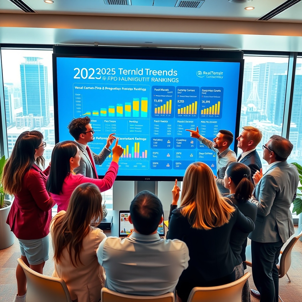 "A vibrant and dynamic office environment, illustrating a team of real estate professionals gathered around a large digital display that showcases the 2025 RealTrends Rankings. The digital display features an interactive and colorful graph charting real estate market trends and top performers. The room is modern and well-lit, resonating with a sense of achievement and excitement, and the team, diverse in gender and ethnicity, is actively engaged in discussion, pointing at the screen and exchanging ideas. The backdrop is a stylish office with contemporary décor and large windows showing a bustling cityscape outside."