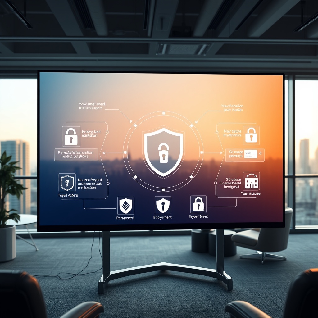 "A sophisticated cybersecurity setup in a modern real estate office environment, featuring a large, sleek monitor displaying a secure, high-tech real estate transaction platform. The screen shows multiple layers of security measures such as firewalls, encryption symbols, and secure payment gateways. The backdrop includes a well-lit office with contemporary furnishings, and a view of the city skyline through the window, conveying a blend of high security and professionalism in protecting real estate transactions."