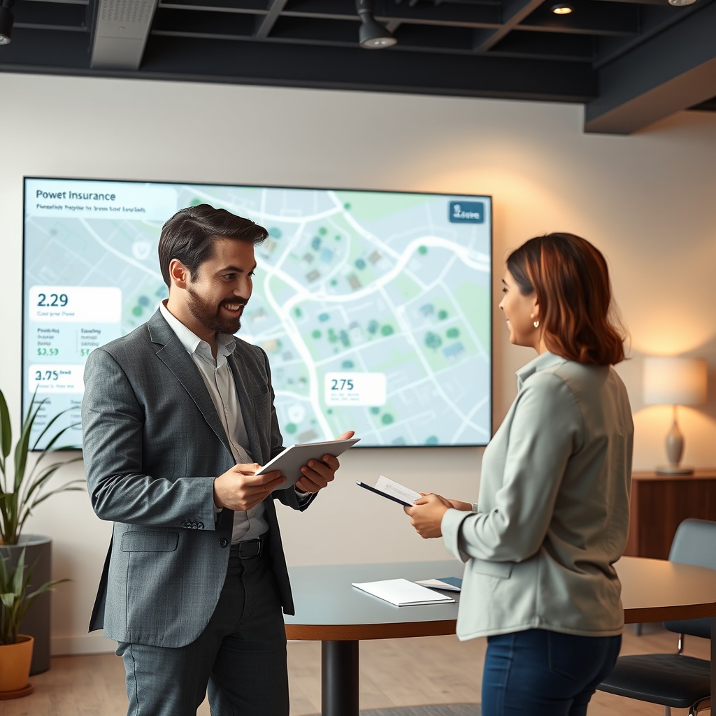 "A modern, well-lit real estate office environment featuring a young professional agent explaining homeowners insurance options to a diverse couple. The background should show a large digital display with an interactive and visually rich interface, depicting various insurance plans and property details overlaid on a stylized residential neighborhood map. The scene should convey a sense of reassurance and professionalism, with a focus on clarity and the strategic value of choosing the right insurance. The overall style is clean, realistic, and professional, aiming to attract homeowners and real estate investors."
