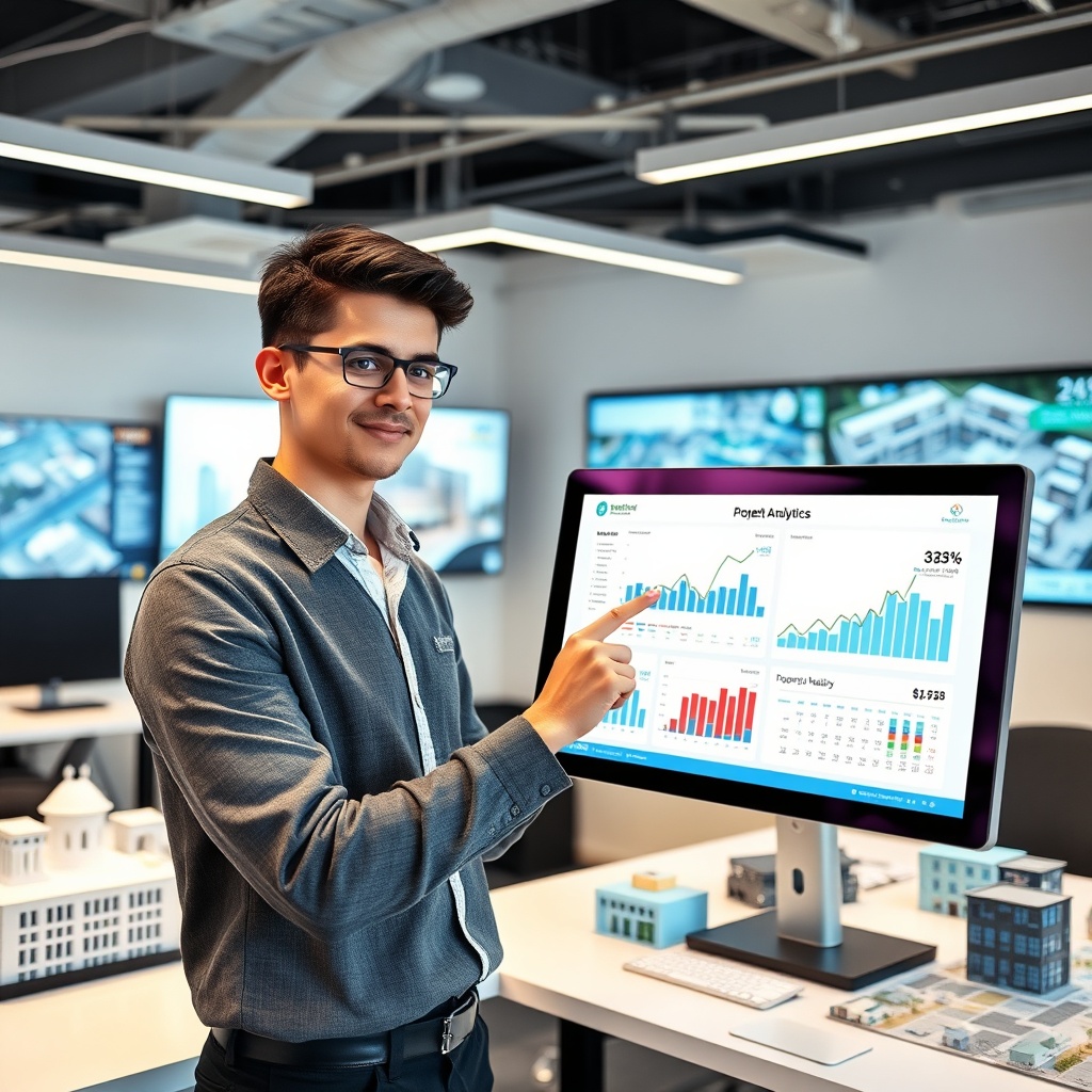 "An innovative and sleek workspace with a young professional interacting with an interactive touch screen displaying various real estate analytics and PropTech tools. The screen shows dynamic graphs and data points about market trends and property values. In the background, there are architectural models and digital screens projecting urban and residential layouts. The office is well-lit, modern, and equipped with cutting-edge technology, reflecting a cutting-edge real estate business environment."