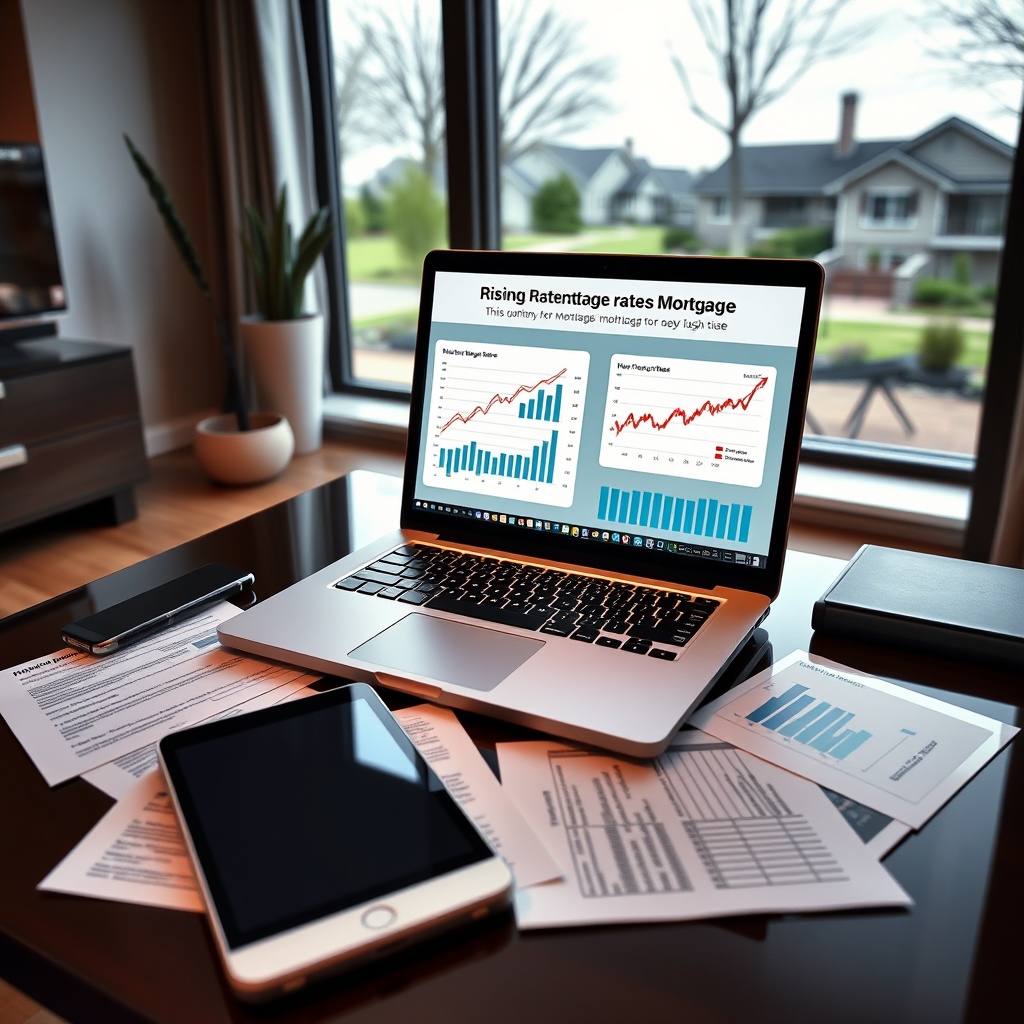 "A contemporary home office setting featuring an open laptop with a dynamic digital presentation on the screen, illustrating different graphs and charts about rising mortgage rates. Around the laptop, scattered documents and a digital tablet show strategies for managing these rates, such as refinancing options and investment plans. The environment is sleek and professional with a large window in the background revealing a calm suburban neighborhood, symbolizing stability and smart planning in turbulent economic times."