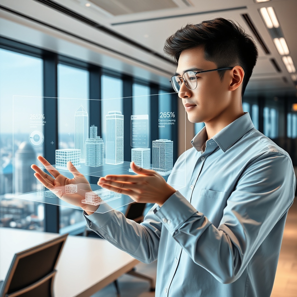 "An innovatively designed workspace featuring a young real estate professional interacting with a futuristic augmented reality interface, displaying holographic 3D models of various building designs and demographic statistics. The background is a sleek, modern office with panoramic views of a high-tech cityscape. The scene conveys a cutting-edge, professional environment, emphasizing technological advancements in real estate for 2025, appealing to forward-thinking developers and investors."