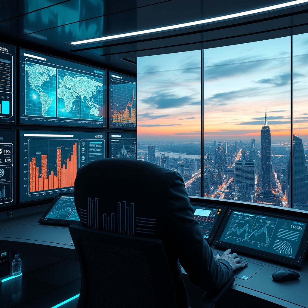 "A sleek, high-tech command center representing the future of real estate management in 2025, featuring multiple transparent digital screens displaying interactive maps, graphs, and property analytics. In the background, a panoramic view of a bustling cityscape at twilight, symbolizing potential growth areas. The scene conveys a highly professional and futuristic atmosphere, appealing to real estate professionals focusing on tech-driven solutions for overcoming market challenges."