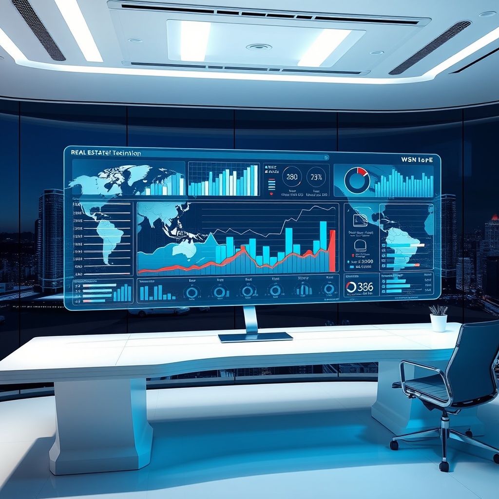 "An advanced and interactive digital workspace featuring a sleek, futuristic real estate lead generation dashboard. The scene encapsulates a high-tech office environment with a large, transparent holographic display showing dynamic graphs and pipelines for lead tracking. The background subtly integrates urban skylines, symbolizing a global real estate market. The overall feel is cutting-edge and professional, aimed at appealing to forward-thinking real estate agents and marketers."