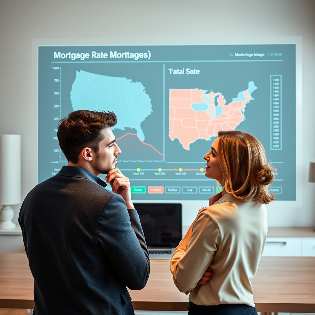 "A realistic image of a thoughtful young professional couple examining a large, transparent digital screen showing fluctuating mortgage rate graphs and political maps of the United States. The backdrop features a sleek, modern home office with minimalist decor, emphasizing focus and decision-making. The screen displays various states highlighted in different colors representing political influences, without any textual content. The lighting is soft yet sufficient, creating a calm, analytical atmosphere ideal for financial planning."