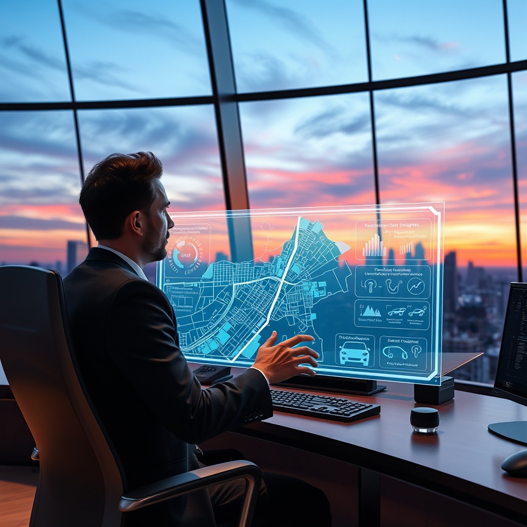 "A sleek, futuristic command center featuring a real estate professional working on an interactive holographic display showing a dynamic city map. The display includes layers for political districts, zoning changes, and technological advancements like smart buildings and electric vehicle charging stations. The environment reflects a high-tech, stylish office space overlooking a city skyline at dusk, conveying a sense of forward-thinking and adaptation to future trends in real estate."