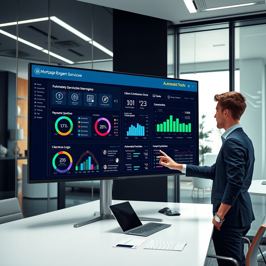 "A sleek, modern office environment featuring a large, high-resolution monitor displaying a cutting-edge mortgage servicing software interface, with automation tools prominently featured. The interface shows various dashboards such as payment tracking, client communication logs, and automated compliance checks. A young professional, perhaps a loan officer, is interacting with the system, exemplifying the ease and efficiency of the automated process. The office setting displays subtle hints of advanced technology, like AI assistants and digital document management, reflecting the futuristic and streamlined approach of the mortgage industry in 2025."