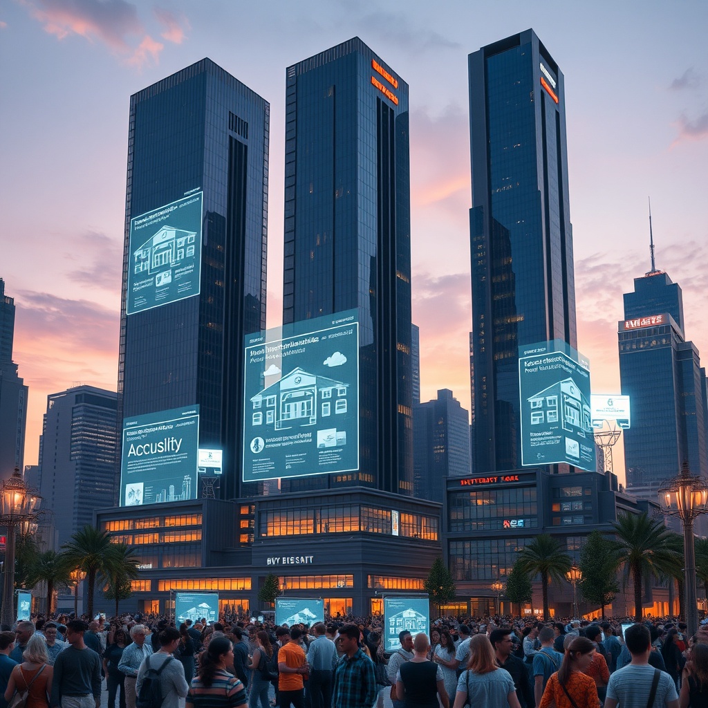 "A futuristic urban skyline at twilight, with various skyscrapers displaying interactive holographic screens that detail real estate opportunities, highlighting features such as accessibility and inclusive housing options. This scene merges a tech-forward appearance with a diverse crowd of people of different ages and backgrounds, engaging with the technology in a vibrant, welcoming public square. The style should be realistic yet visionary, embodying a blend of technology and human warmth to attract forward-thinking real estate professionals and investors."