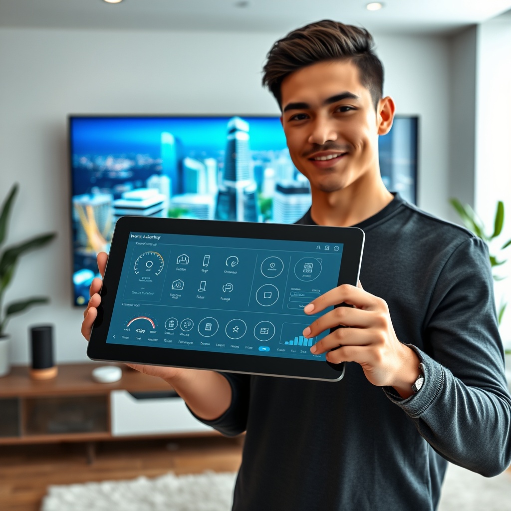 "A cutting-edge home automation control panel displayed on a sleek, modern tablet, held by a young professional in a stylish, well-lit home office. The background shows a large digital wall screen showcasing a futuristic cityscape with smart buildings and green spaces. The ambiance is clean and futuristic, emphasizing innovation, independence, and the transformative power of technology in the real estate sector."
