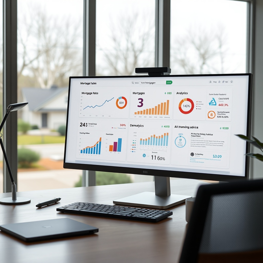 "A sleek and modern home office setting featuring a large, high-resolution desktop monitor displaying a futuristic mortgage origination software interface. The screen shows interactive charts and graphs detailing mortgage rates trends, demographic analytics, and AI-driven lending advice. Surrounding the desk are high-tech gadgets like a digital pen and a smart speaker, subtly indicating a tech-savvy environment. The background shows a soft-focus view of a tranquil residential neighborhood through a window, symbolizing the end-user benefits of this advanced technology. The style is clean, professional, and designed to appeal to mortgage professionals and industry innovators."
