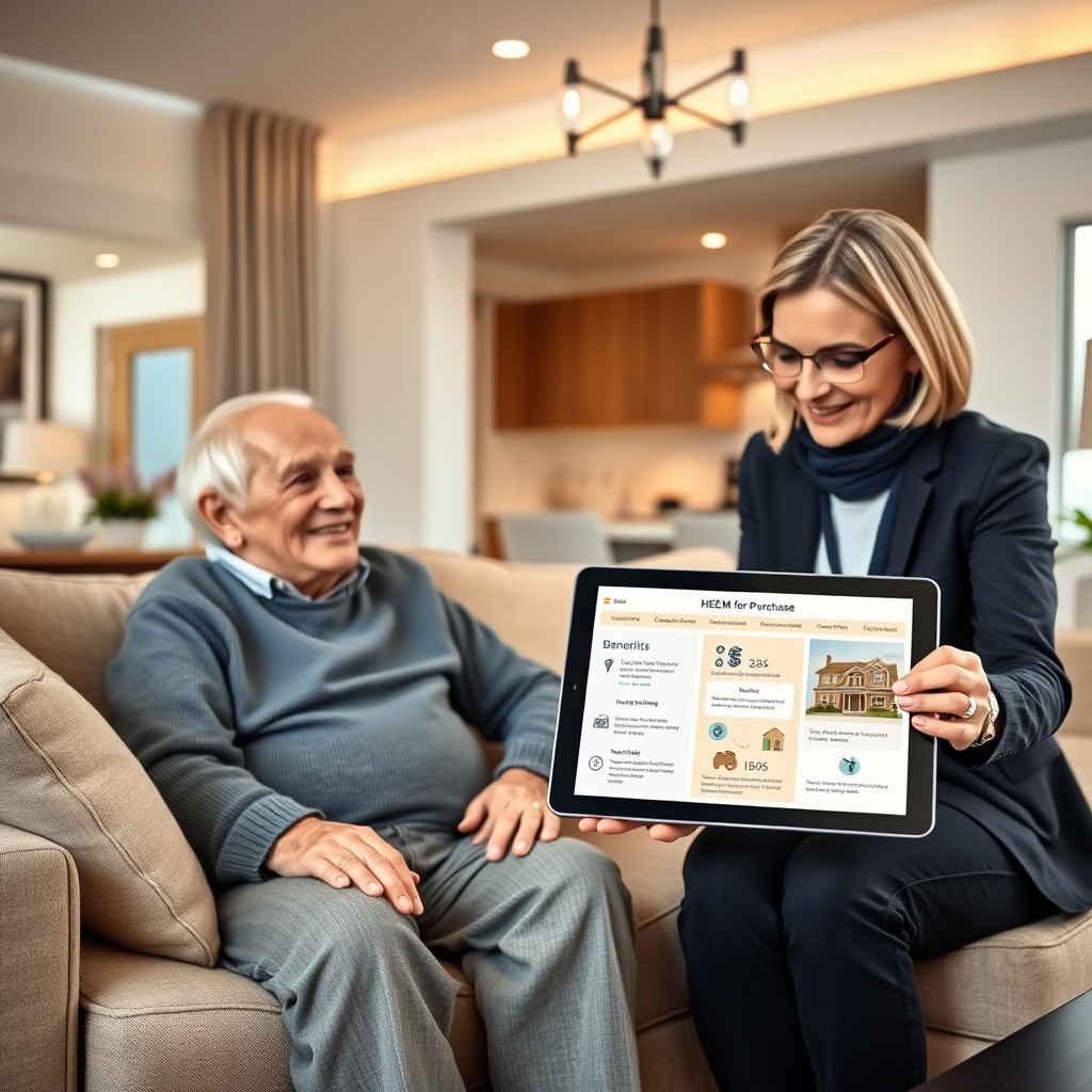 "A cozy, modern living room setting in a well-lit upscale senior residential home. The focus of the image is an elderly couple, both smiling, sitting on a comfortable couch. Across from them, a real estate agent is showing them a digital tablet that displays a detailed screen of the HECM for Purchase program, featuring an infographic of benefits such as financial flexibility and homeownership opportunities without monthly mortgage payments. The background should include subtle décor elements suggesting a luxurious yet homely feel suitable for retirees, conveying a sense of security and comfort."