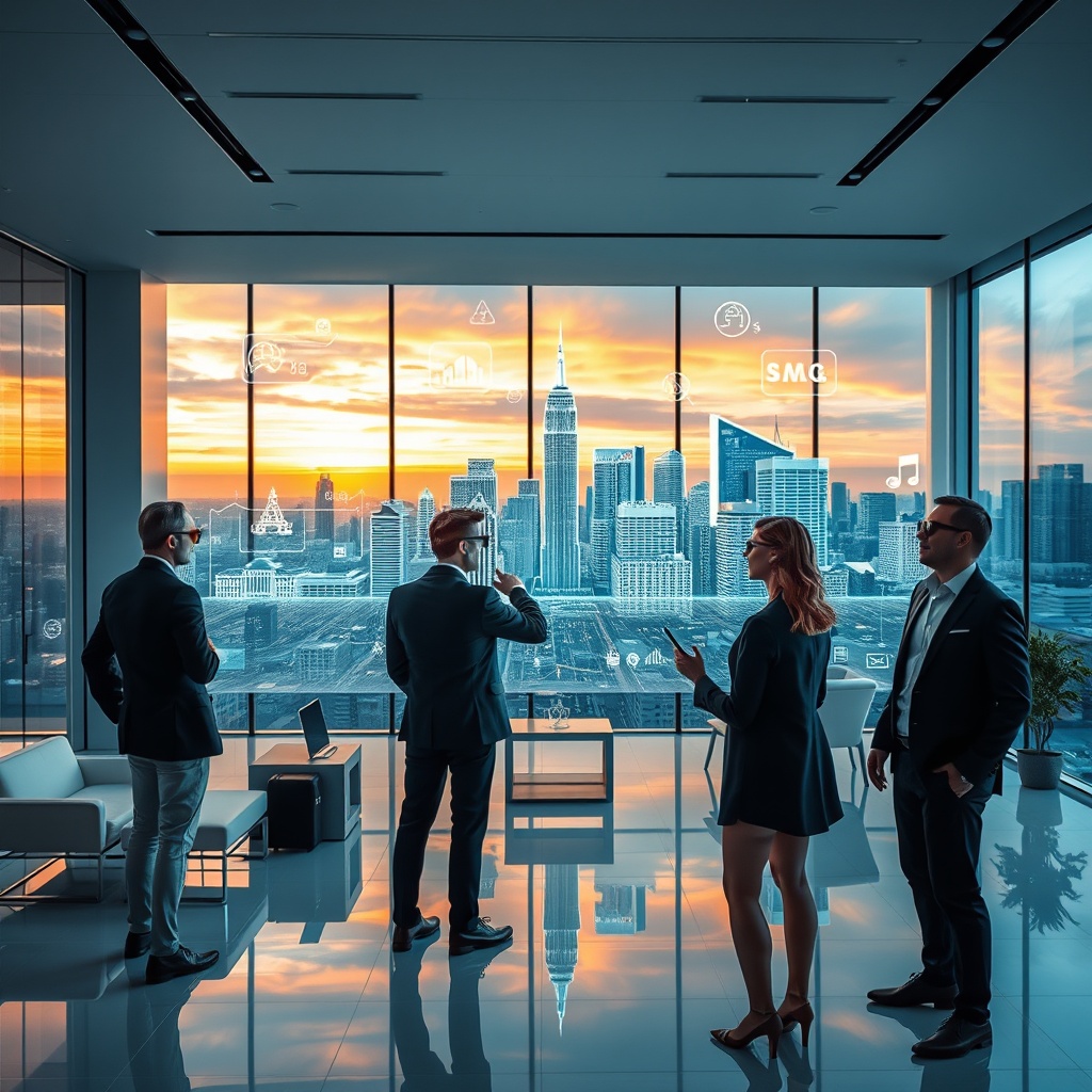 "A sleek, futuristic real estate office environment featuring a large holographic display of a city's skyline with interactive elements. The display shows various tech innovations like augmented reality property previews, artificial intelligence-driven analytics, and smart home connectivity. The scene is busy yet organized, with a couple of real estate professionals wearing smart glasses, interacting with the holographic projections. The office is designed with minimalist decor and has wide glass windows showing a dynamic, urban backdrop, reflecting a sophisticated, cutting-edge atmosphere."