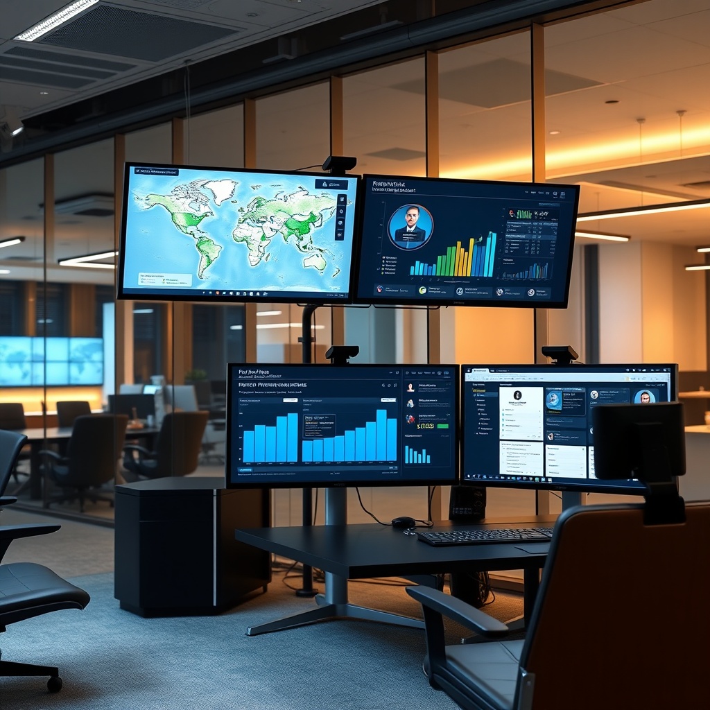 "A sleek, modern command center showing multiple high-resolution screens, each displaying advanced property management software interfaces. One screen features a dynamic map that tracks real estate assets geographically, another shows real-time data analytics of property performance, and a third screen presents a client communication interface. The background is a stylish tech startup office, complete with minimalist furniture, ambient lighting, and glass walls, embodying a cutting-edge, professional environment geared towards innovative real estate management."