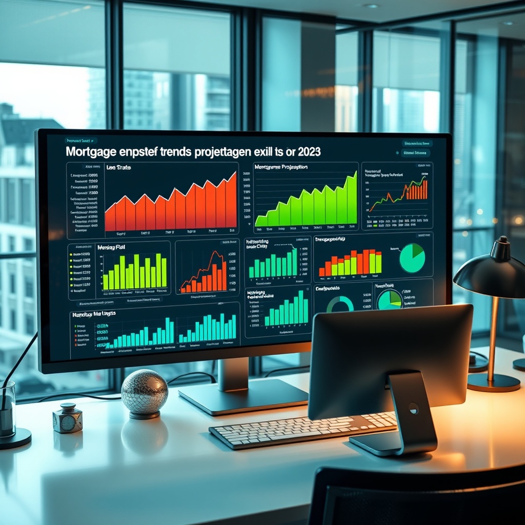 "A sleek, contemporary financial analyst's workspace showcasing a large, high-resolution monitor displaying dynamic, interactive graphs and charts about mortgage trends projections for 2025. The screen highlights various trends such as interest rates fluctuations, housing market growth, and demographic shifts. The workspace is well-organized with modern decor, subtly suggesting a blend of style and meticulousness which appeals to financial professionals and real estate investors. The background subtly features an upscale, modern office environment with glass partitions and views of a bustling city center, conveying a sense of urgency and forward-thinking necessary for making strategic mortgage-related decisions."