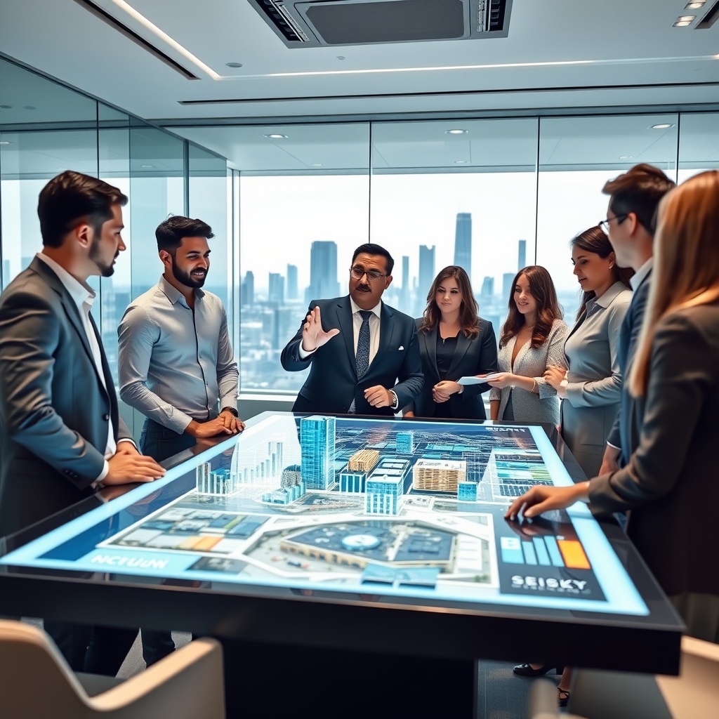 "A contemporary and sleek office space, featuring a professional setting where a diverse group of people (men and women of various ethnicities) are gathered around a large, digital touchscreen table. They are attentively listening to a confident individual, possibly the Chief Innovation Officer (CINO), who is gesturing towards a dynamic digital display. The display shows real-time data and futuristic property development simulations. The office is well-lit, has glass walls, and the background reveals a skyline of modern buildings, reflecting the innovative and forward-thinking environment of real estate companies embracing new technologies."
