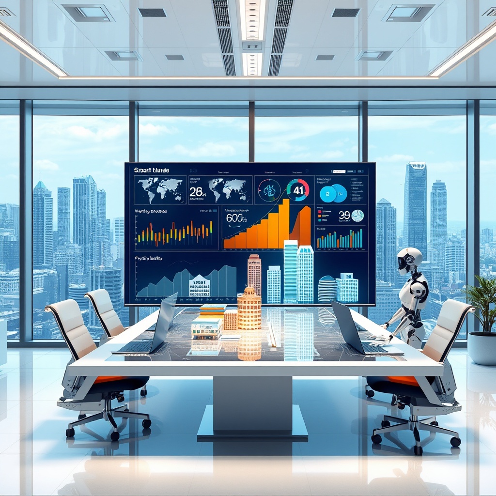 "An imaginative visualization of a futuristic real estate office environment where AI technology dominates the scene. The image features a sleek, large interactive display showing dynamic real estate analytics, with 3D property models and AI bots assisting in tasks. The background should offer a glance at a smart cityscape through a panoramic window, emphasizing integration of technology and urban development. The style should be highly realistic, clean, and technologically advanced, appealing to real estate professionals interested in cutting-edge tools and trends for 2025."