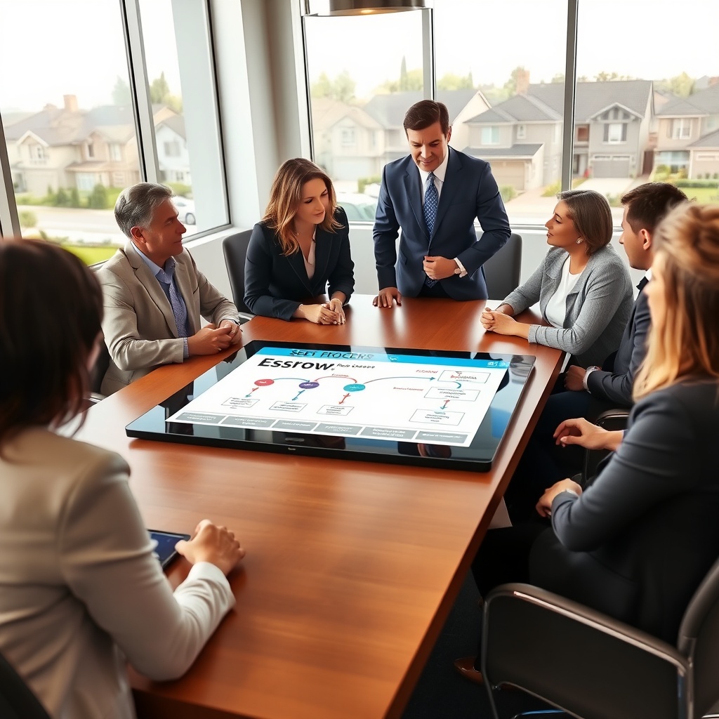 "A realistic scene inside a modern conference room during a successful escrow meeting. The table features an interactive digital display showing an animated escrow process diagram. Surrounding the table are diverse professionals, including a real estate agent explaining the diagram to an attentive couple. The room is well-lit, embodying trust and clarity, and through the windows, suburban homes can be seen, depicting the real estate context. The style is clean and professional, signifying a supportive educational environment for homebuyers."