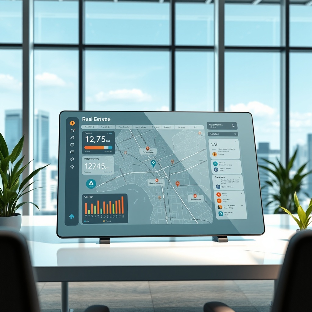 "A sleek, futuristic workspace showcasing a glass tablet displaying an advanced real estate dashboard. The screen features an interactive 3D city map pinpointing various properties, with dynamic overlays showing data on local demographics, traffic patterns, and public transport facilities like bus stops and subway stations. The environment reflects a high-end real estate office with minimalist design, large windows providing a view of a vibrant cityscape, and a professional atmosphere enriched with subtle green plant accents to convey a forward-thinking, environmentally conscious business approach."