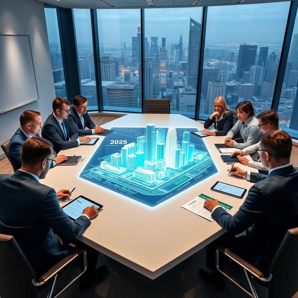 "A sleek, contemporary boardroom setting during a high-level strategy meeting, focusing on real estate innovation strategies for 2025. The central table features a holographic 3D model of a futuristic cityscape, illustrating areas of developmental focus, such as smart homes and green buildings. Around the table, diverse professionals, dressed in smart business attire, are engaged in discussion and analysis, with digital tablets and futuristic gadgets in use. The room embodies a blend of luxury and technology, with large glass windows offering a view of a modern city skyline, conveying a sense of forward-thinking and leadership in the real estate sector."
