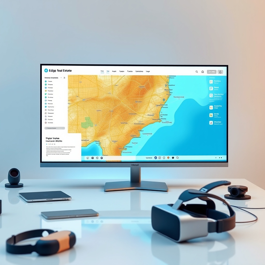 "A sleek, modern workspace featuring a large, high-resolution monitor displaying cutting-edge real estate software. The software interface shows a dynamic map with advanced tech trends like AI predictions, virtual reality property tours, and automated valuation models. The surrounding desk space is minimalistic with tech gadgets like VR headsets and tablets, reflecting a futuristic yet accessible environment. The scene conveys a sense of innovation and forefront technology used by real estate professionals in 2025."