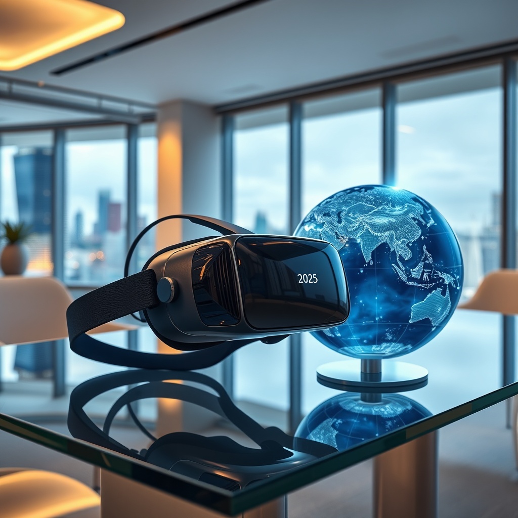 "A sleek, ultra-modern, virtual reality (VR) headset rests on a glass table with a high-definition, interactive globe next to it showing dynamic real estate trends across continents for the year 2025. The scene is set in a stylish, contemporary office space with panoramic windows that offer a view of a futuristic city skyline. The office reflects a clean, professional aesthetic with soft, ambient lighting, emphasizing a forward-thinking and technology-driven approach in real estate."