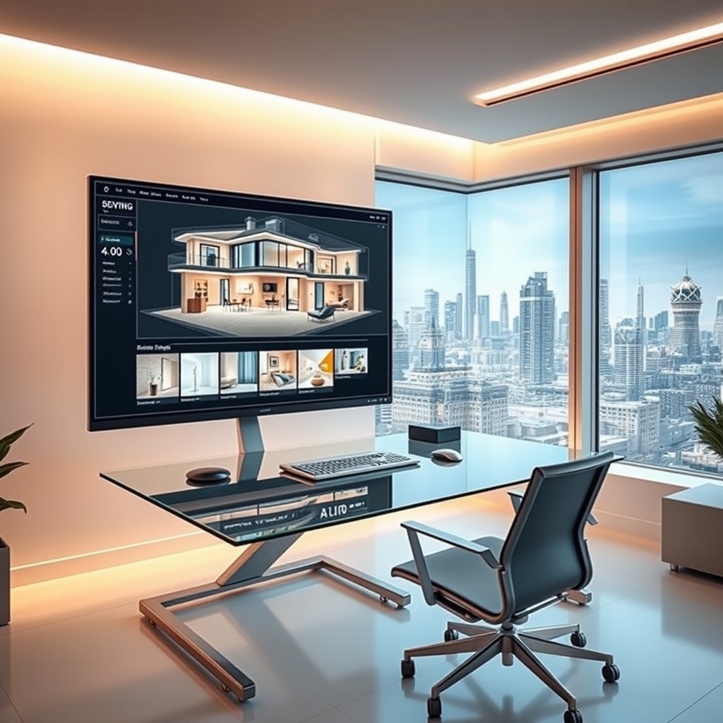 "A sleek, high-tech home office featuring a large, ultra-high-definition monitor displaying cutting-edge software tools for home renovation. The software interface shows a 3D model of a house with interactive sections highlighting various stages of renovation, such as the kitchen, bathroom, and living room. The ambiance of the office is modern and minimalistic, with a glass desk, ergonomic chair, and soft LED lighting, emphasizing a clean, efficient technological environment. In the background, through a large window, a digitally enhanced, futuristic cityscape can be observed, symbolizing vision and progress."