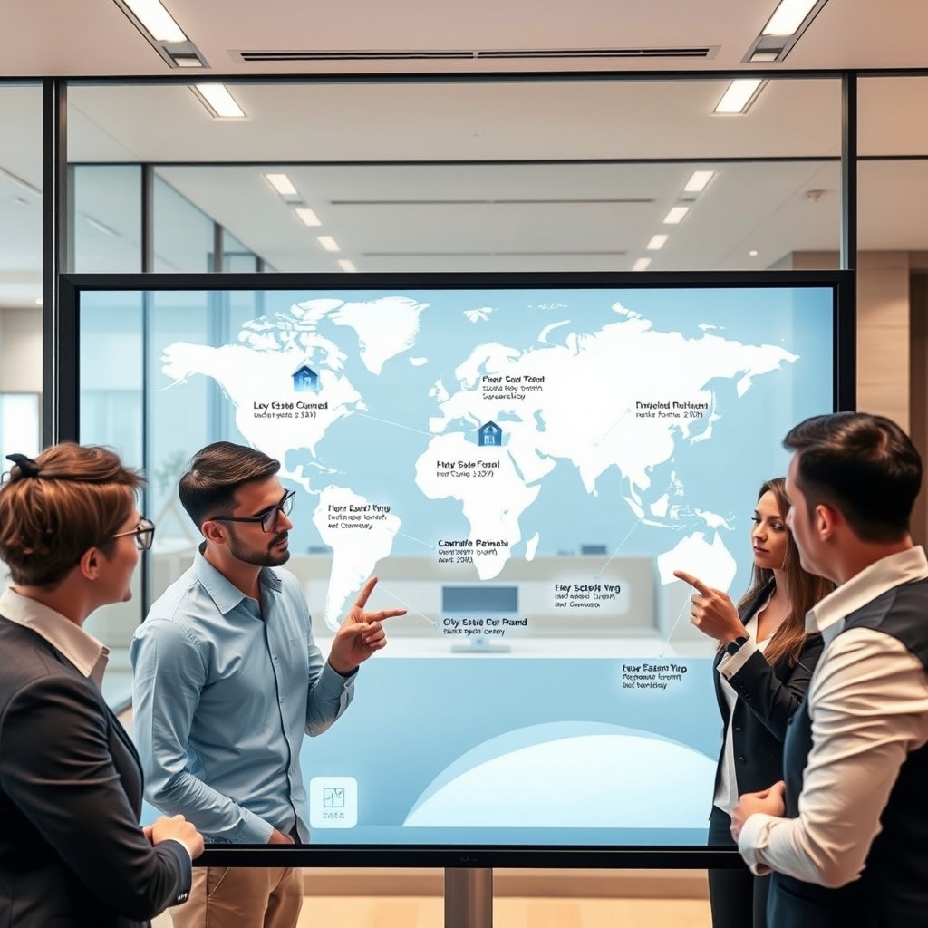 "A modern real estate office with a professional, clean look, featuring multiple property agents gathered around a large digital display screen. The screen shows a crystal-clear, interactive map with various properties marked, each linked by subtle lines to key policy points from NAR's Clear Cooperation Policy for 2025. The agents are engaged in a discussion, with focused expressions, pointing at the screen occasionally. The office is elegantly designed with glass walls and a minimalist interior that suggests a high level of professionalism and forward-thinking in real estate practices."