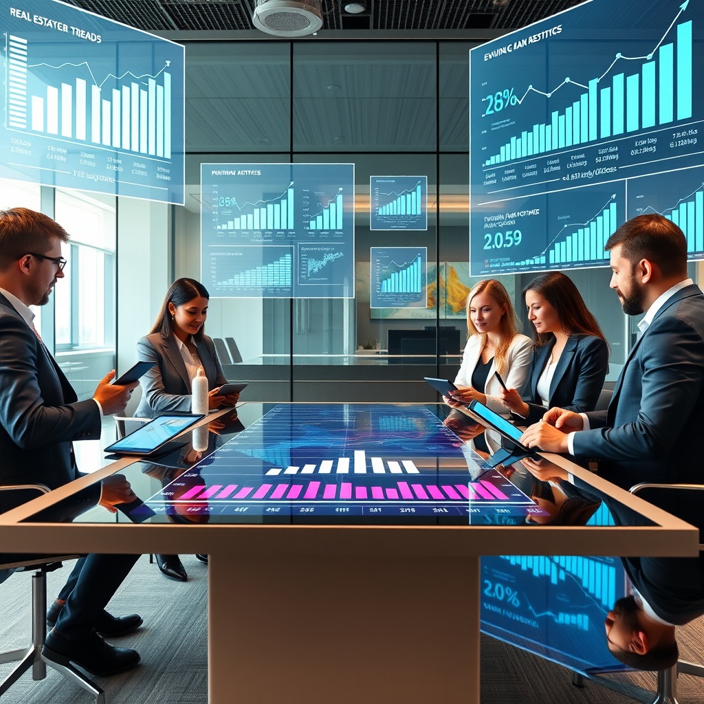 "A modern office setting with a digital display showcasing evolving real estate trends and statistics, visible on a sleek, interactive touchscreen table. Around the table, a diverse group of professional loan officers in business attire are engaged in discussion, using tablets and digital pens. In the office, there are transparent, high-tech screens floating with dynamic graphs and charts, reflecting current mortgage rates and housing market analytics. The environment conveys a sense of innovation, teamwork, and adaptability in the finance sector."
