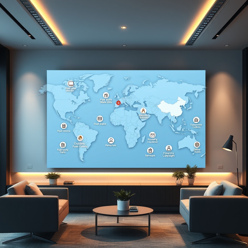 "A sleek and modern workspace featuring a large, high-resolution digital display mounted on the wall, showing an interactive map populated with various sources of real estate leads. Illustrate icons representing different lead sources such as social media, real estate websites, exclusive broker events, referrals from past clients, property investment seminars, online advertising platforms, direct mail campaigns, and local community boards. Each source is clearly marked with unique and visually distinct icons. The office is stylish, fitted with contemporary furniture and ambient lighting, projecting a professional and forward-thinking environment. This image conveys an efficient and innovative approach to acquiring real estate leads in 2025, appealing directly to proactive real estate professionals."