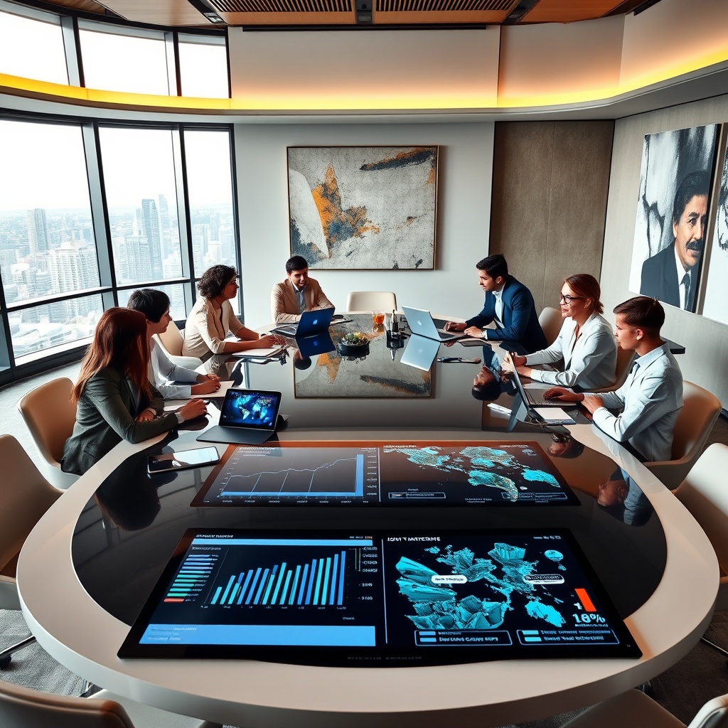 "A sophisticated conference room setting featuring a large, oval table where diverse real estate professionals are engaging in strategic discussions. The room is adorned with abstract art and panoramic windows revealing a cityscape. The table showcases sleek, modern gadgets like tablets and laptops, with digital displays showing graphs of market trends and maps pinpointing joint venture opportunities. The ambiance suggests a focus on innovation, collaboration, and success in the high-stakes world of real estate."