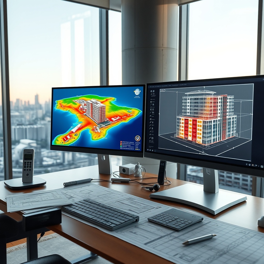 "An architect's workstation showcases a futuristic real estate planning interface focused on disaster resilience, displayed on dual screens. One screen visualizes a dynamic 3D map of a coastal city area highlighting flood zones and earthquake-prone regions using vibrant colors and indicators. The other screen presents a digital blueprint of a structurally reinforced building designed to withstand natural disasters. The background shows a modern, well-lit architectural office with schematic diagrams and cityscape models on the desk, underscored by a serene view from a large window displaying an urban skyline, symbolizing forward-thinking and preparation."