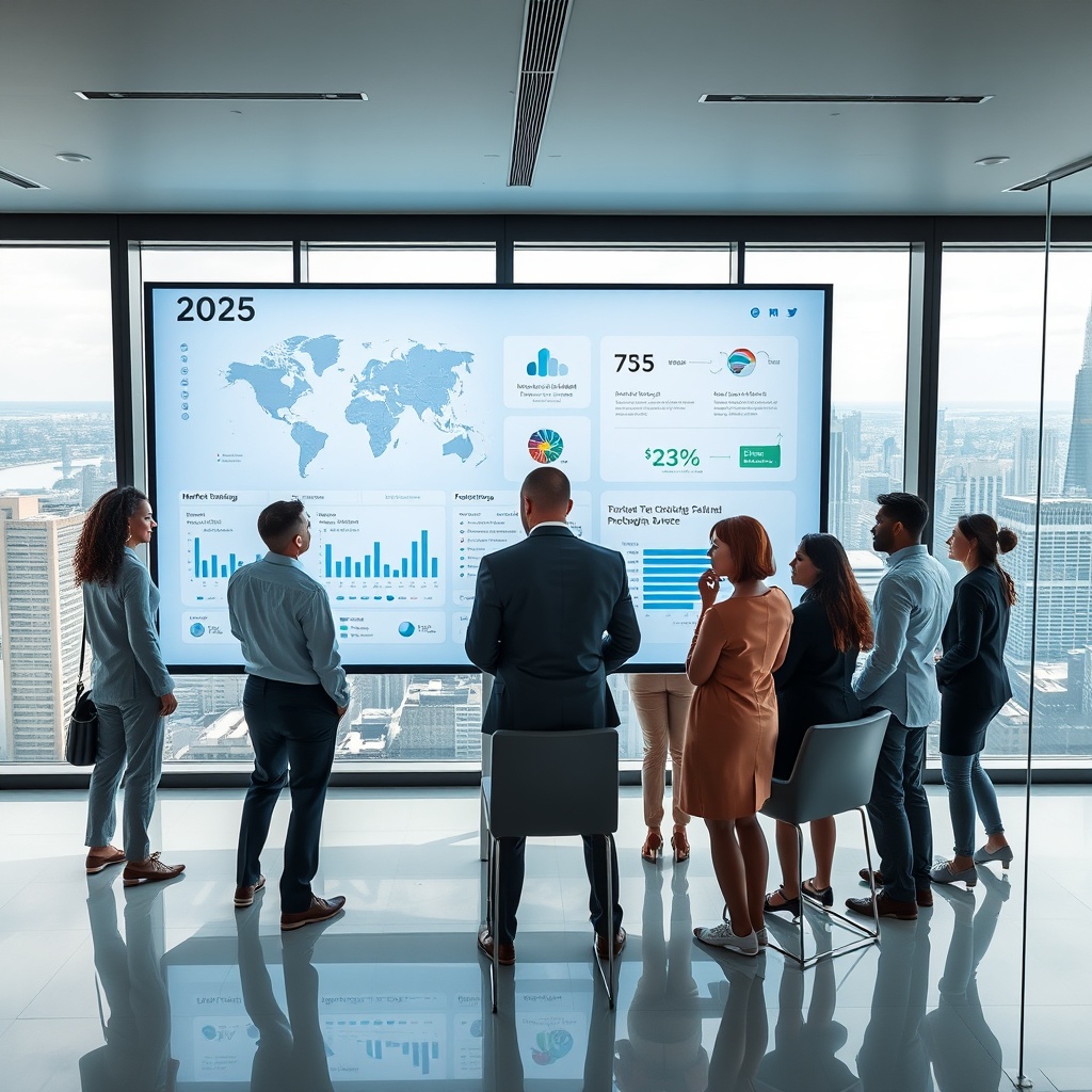 "A sleek, modern workspace featuring a diverse group of real estate professionals gathered around a large digital display. The screen shows an advanced real estate analysis platform integrating global tech trends, political maps, and demographic data. Subtle infographics depict market predictions for 2025, emphasizing technology, political climates, and inclusion strategies. The room is stylish, with glass walls offering a panoramic view of a bustling city skyline, embodying a forward-thinking and inclusive future in real estate."