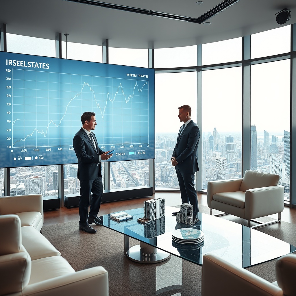 "A sophisticated office setting showing a financial consultant and a real estate developer discussing strategies over a glass table. The room features a large digital display showing a dynamic graph of fluctuating interest rates and a 3D map of a city highlighting real estate developments. The setup reflects a high-tech, professional atmosphere, with sleek, modern furniture and a panoramic view of the city skyline through large windows, conveying a sense of being on the pulse of market trends."