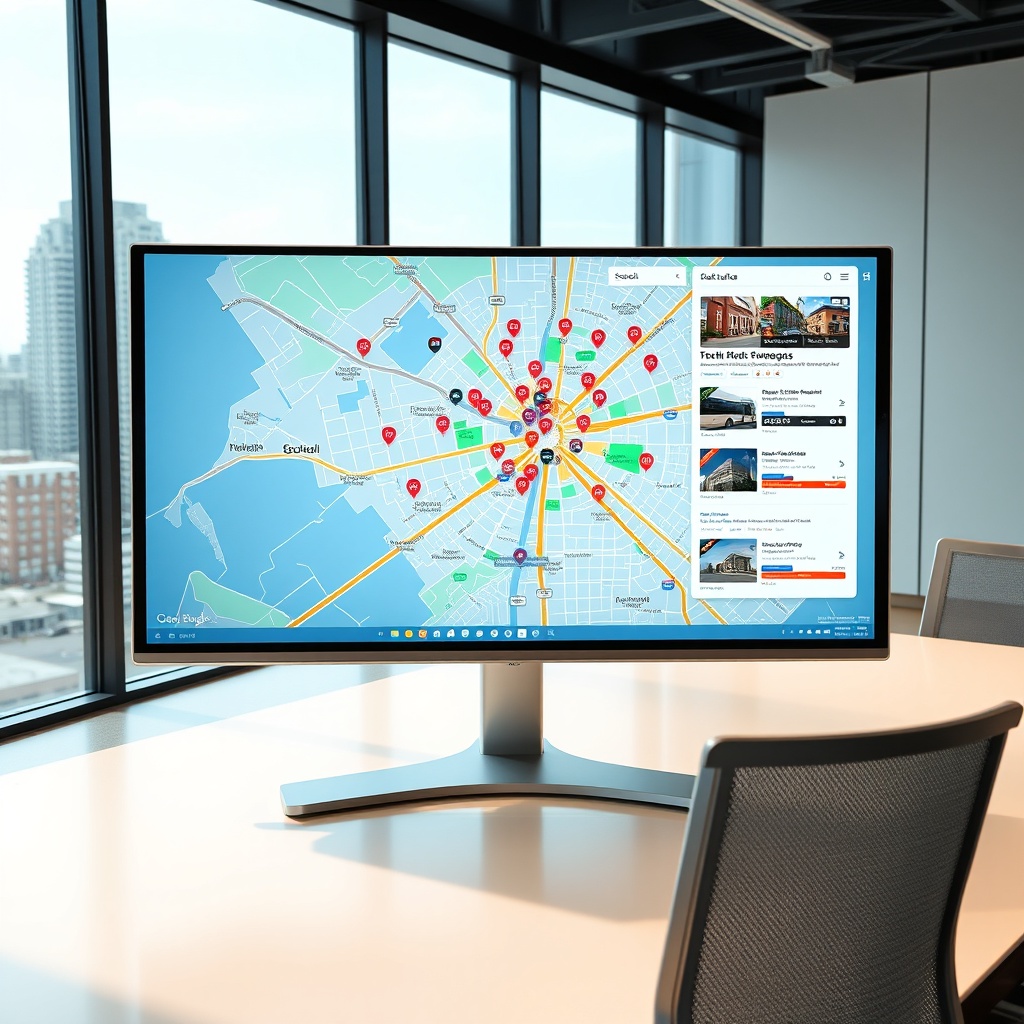 "A high-tech workspace showcasing a large, sleek monitor displaying an interactive real estate application. The screen vividly renders a dynamic map enhanced with rich location data such as schools, transport links like bus stops and train stations, and various property listings highlighted with vibrant color codes. The setting is a stylish office with minimalist decor, large windows offering a city view, suggesting a blend of modernity and functionality to appeal to forward-thinking real estate professionals."