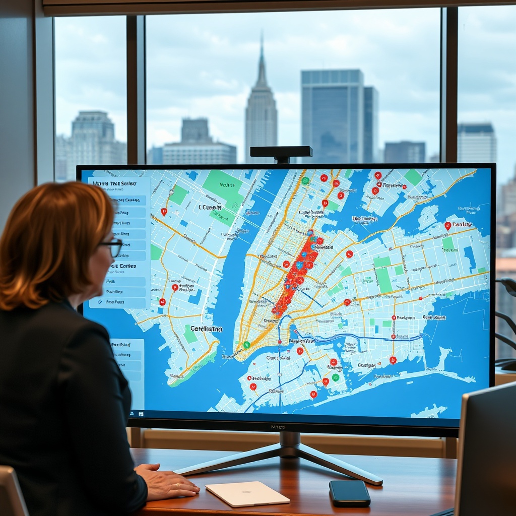 "A sophisticated and warm workspace featuring a large monitor displaying a high-resolution interactive map of New York City. The map is enhanced with layers of data showing various services relevant to seniors such as healthcare facilities, parks, leisure centers, and accessible public transportation routes. The foreground includes a real estate agent, a middle-aged woman, observing the data intently, conveying a focus on tailoring real estate offerings to senior citizens. The office has a backdrop of the NYC skyline through a large window, symbolizing local expertise and dedication."
