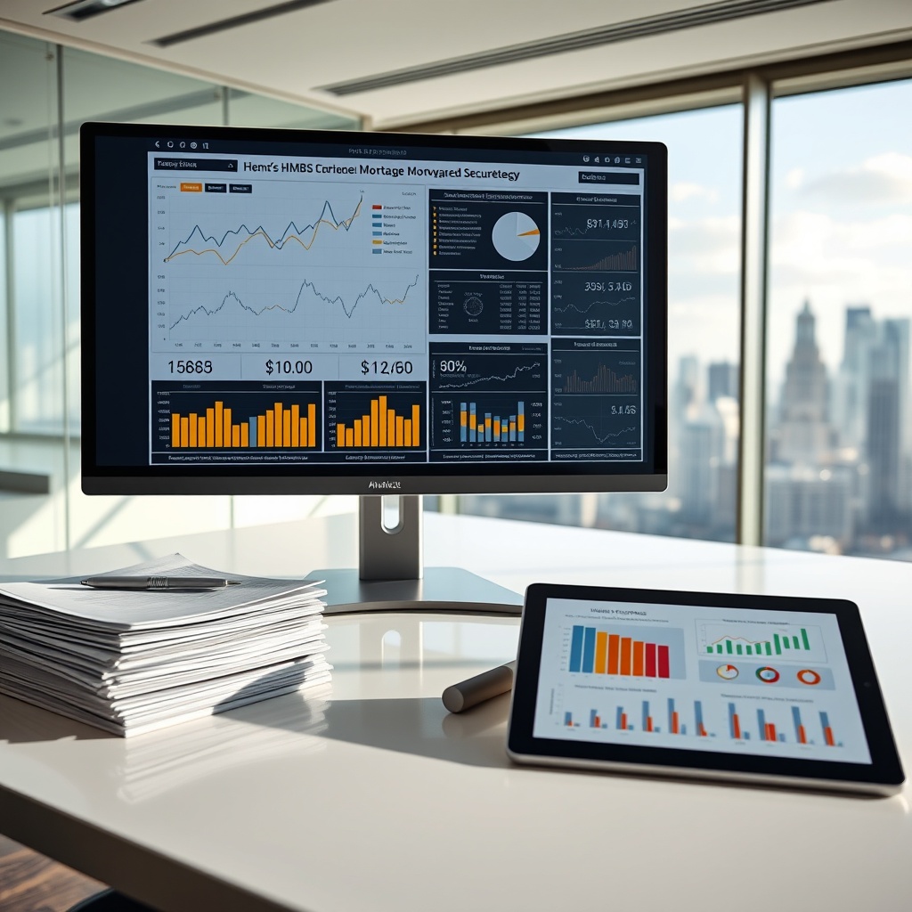 "A pristine and sophisticated financial analyst's workspace, featuring a large, sleek monitor displaying complex data charts and graphs about HMBS (Home Equity Conversion Mortgage Backed Securities) 2.0. The screen shows trends and predictions with specific emphasis on the reverse mortgage market. Adjacent to the monitor, there is a stack of financial documents and a digital tablet showing a dynamic infographic about market demographics and consumer behavior analytics. The setting is a modern, well-lit corporate office with a panoramic view of the city skyline, symbolizing advanced financial markets and insightful business strategy."