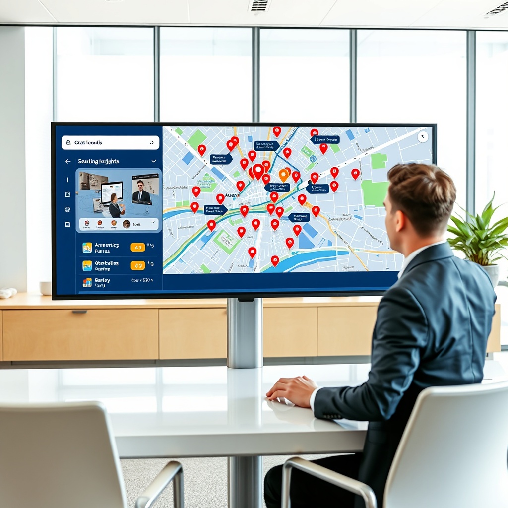 "A sleek, modern workspace featuring a large monitor displaying an interactive digital map of a city with advanced location insights designed for rental listings. The map shows colorful overlays and annotations for various amenities like cafes, gyms, supermarkets, and public transit hubs, each highlighted with distinct icons. A real estate agent is seen engaging with the map through a touchscreen interface, selecting filters that dynamically show rental properties with specific amenities nearby. The office surrounding the agent reflects a tech-forward and professional environment, with minimalistic furniture and ample natural light, conveying a blend of accessibility and expert knowledge in real estate."