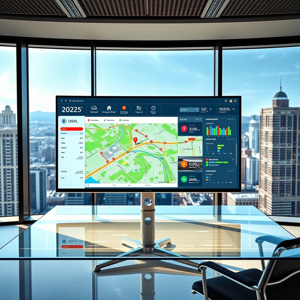 "A vibrant and dynamic office workspace featuring a large, sleek monitor displaying a futuristic real estate dashboard. The screen shows a detailed interactive map that includes vibrant icons for schools, bus stops, and train stations, along with advanced filters highlighting various property locations using augmented reality overlays. The setting reflects a high-tech environment with a clear glass desk, modern office chair, and a backdrop of a bustling city visible through a panoramic window, signifying a forward-thinking approach to real estate in 2025. The office is bathed in soft, natural light, enhancing the atmosphere of innovation and professionalism."