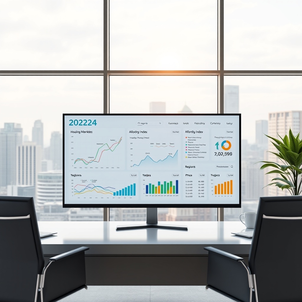 Prompt: "Visualize a sleek, modern workspace with a large, high-resolution monitor displaying a dynamic, interactive financial dashboard focused on housing market trends for 2024. The dashboard features graphs and indicators specifically highlighting affordability insights, including a housing affordability index and price trends across various regions. The scene is bright and professional, set in a sophisticated office environment with a large window showing a city skyline in the background. The emphasis is on clean, tech-driven design to appeal to potential homebuyers and investors looking for opportunities in an evolving market."