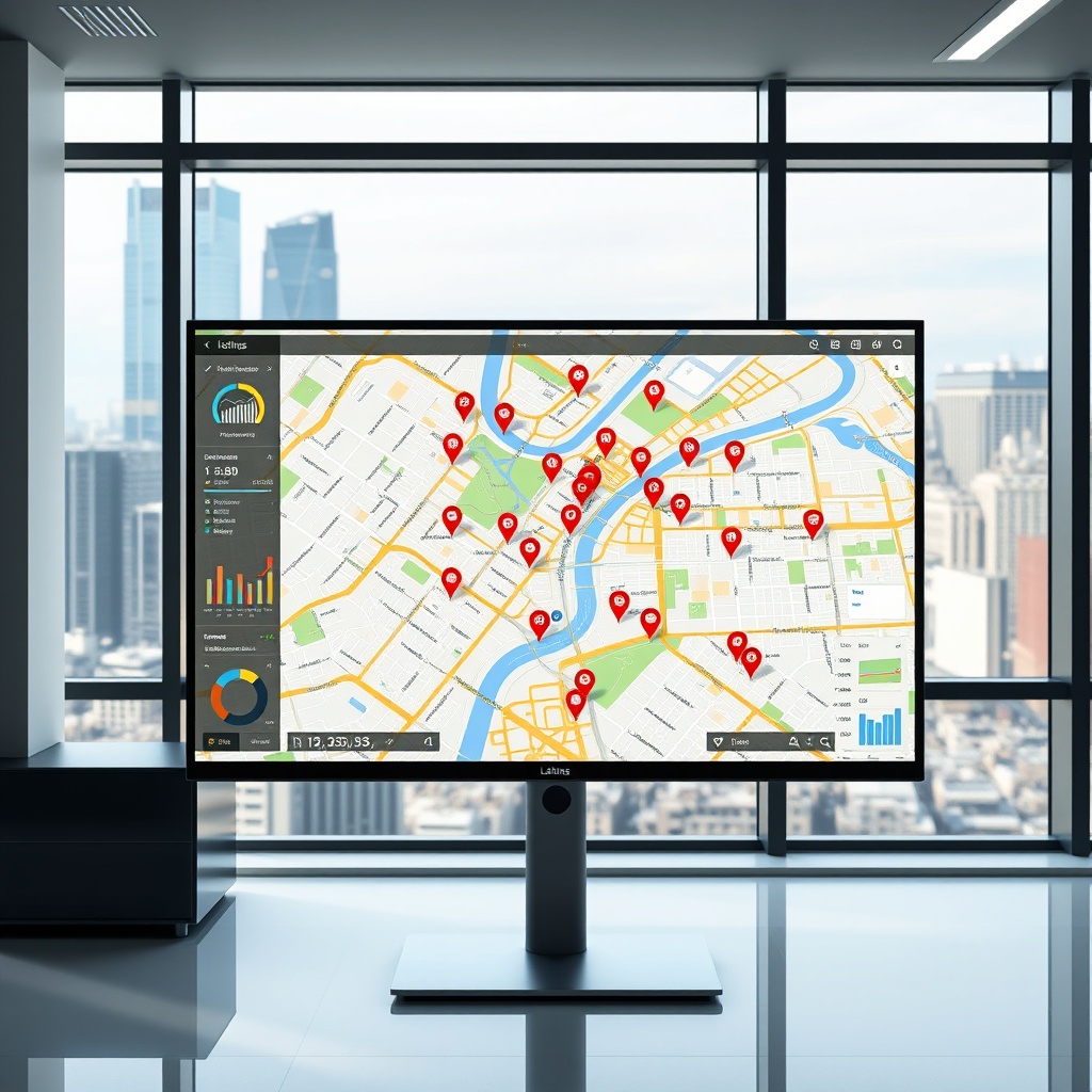 "A sleek, interactive real estate platform displayed on a high-resolution monitor, showing a detailed, vibrant map of a bustling urban area. The map is enhanced with dynamic markers for listings, distinguished by overlays pinpointing local amenities such as schools, parks, and public transport stations. The setting is in a sleek, minimalist office space with a large window offering a view of the city skyline, conveying a modern and innovative atmosphere. There are analytical tools and graphs subtly integrated around the map on the screen, illustrating the integration of advanced data analytics in real estate."