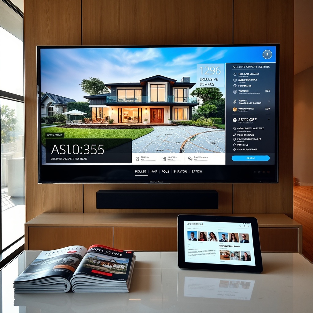 "A contemporary real estate office setting showcasing a large, high-definition monitor displaying an exclusive property listing. The screen vividly details a luxury home with an accompanying interactive map enriched with data points like demographics, local amenities, and transit options. Below the monitor, neatly arranged are upscale real estate magazines and a digital tablet showing client testimonials. The office is elegantly furnished, reflecting a high level of professionalism and exclusivity, with large windows allowing natural light to enhance the sophisticated ambiance."