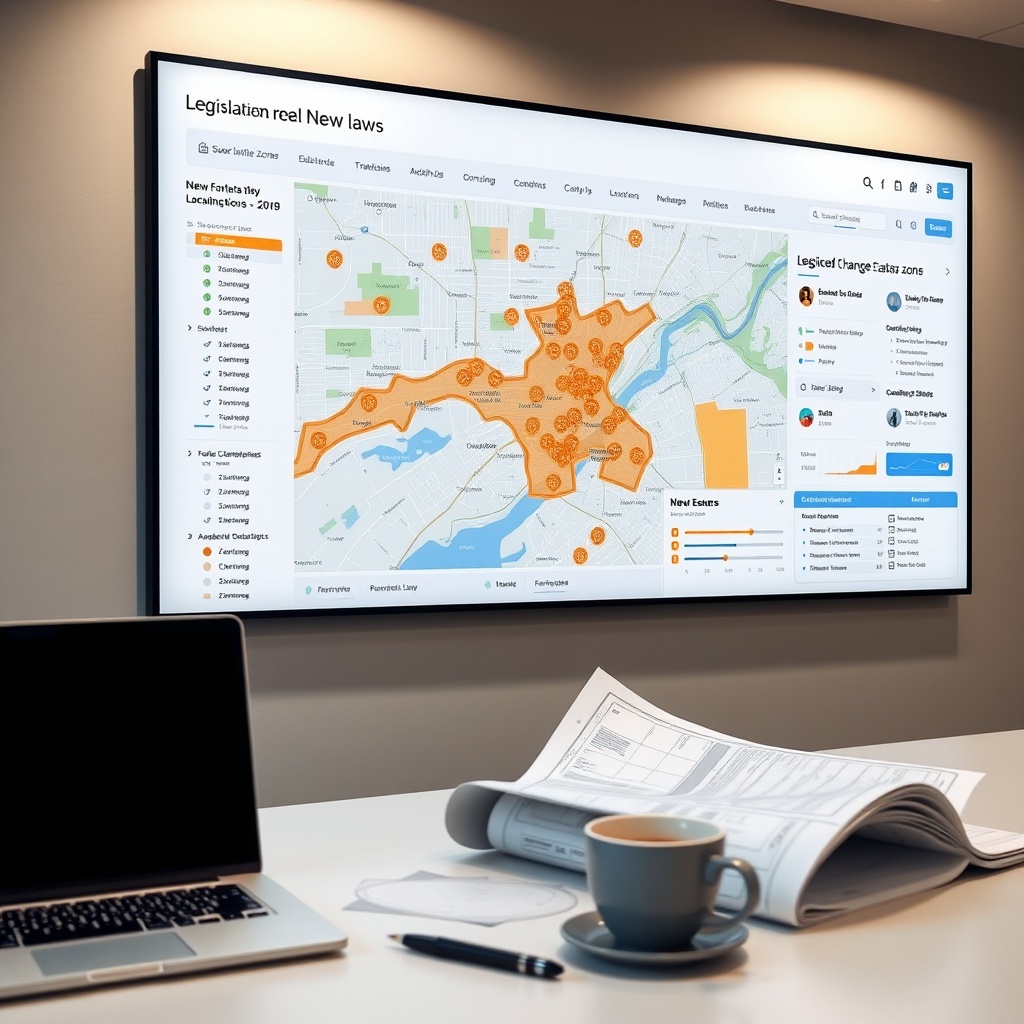 "A meticulously detailed office setting, featuring a large digital display mounted on the wall showing an advanced real estate analytics dashboard. The dashboard includes a dynamic map integrated with various layers of enriched location data that indicate legislative changes affecting real estate zones. Highlighted areas on the map showcase new zoning laws, with icons representing schools, public transport stops, and commercial districts. The foreground shows a professional, clean desk with an open laptop, blueprints, and a coffee cup, portraying a busy real estate professional's workspace. The lighting is soft and warm, accentuating a feel of strategy and foresight in adapting to new laws."