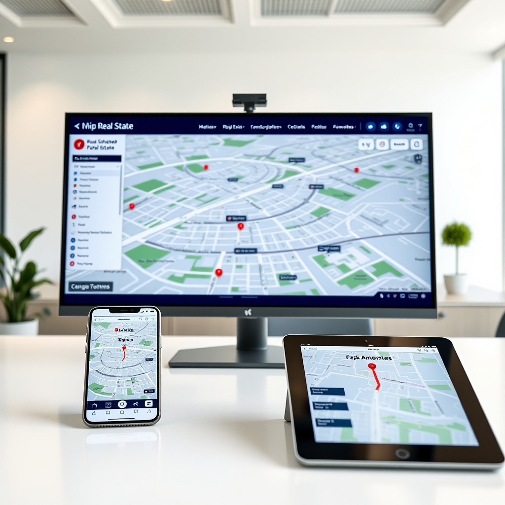 "A modern office desk with a sleek, large-screen monitor displaying an interactive real estate platform. The screen shows a detailed, high-resolution map of an urban area with dynamic overlays pinpointing various amenities like schools, bus stops, and parks. In the foreground, we see a stylish smartphone and a tablet, both showing parts of the same real estate application, ensuring consistency in data presentation across devices. The backdrop features a clean, well-lit office environment with minimalist decor, embodying a professional and innovative vibe, appealing to real estate professionals and tech-savvy users."