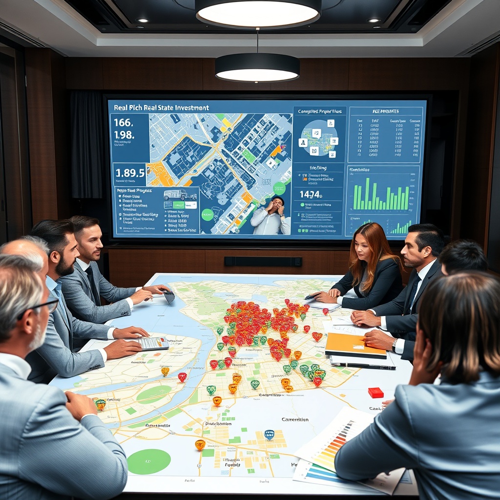 "A high-end real estate investment meeting occurring in a stylish conference room, showcasing a large screen displaying an interactive map filled with rich geographical and demographic data. The map focuses on key real estate investment areas, highlighted with dynamic statistics and visual markers for commercial properties, residential zones, and strategic investment opportunities. The room is populated with diverse, professional investors analyzing the data, dressed in business attire, which suggests a thoughtful and strategic approach to reaping the benefits of enriched data in real estate."